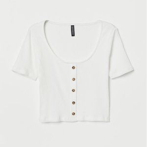 Ribbed White Cropped Scoop Neck T Shirt with Buttons Size Large H&M